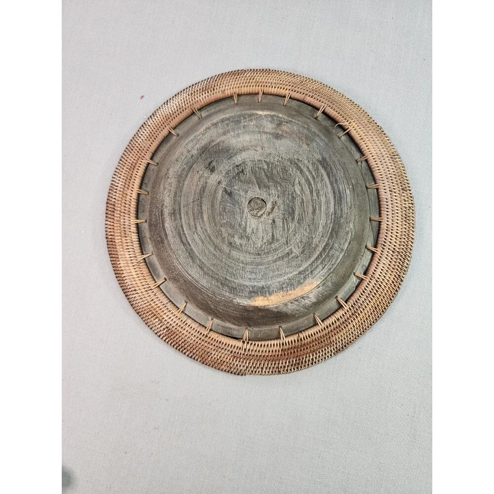 Vintage Round Woven Rattan Wood Tray Geometric Inlay Decorative Wall Basket 11